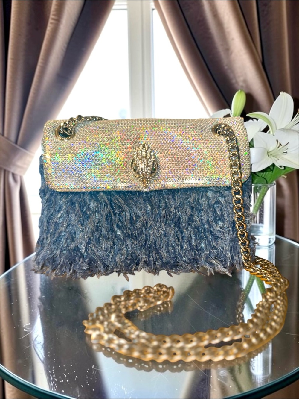 Kurt Geiger London Medium Sequin Kensington Faux Feather Crossbody Bag